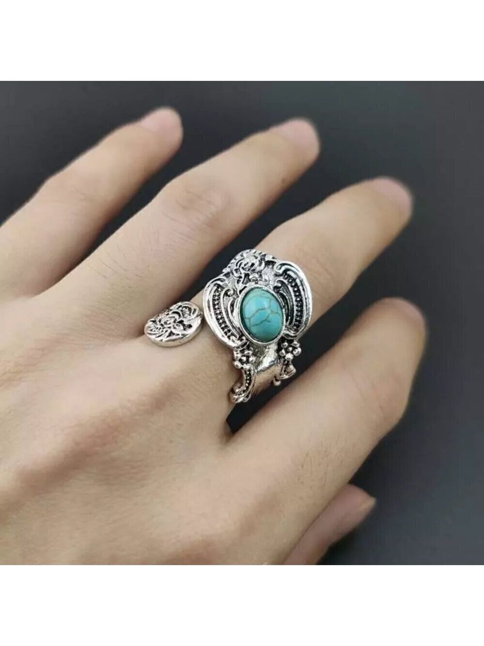 Boho Rose and Flowers with Faux Turquoise Adjustable Spoon Ring #1221 - Picture 16 of 16